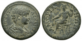 Phrygia, Amorium. Geta Caesar, 198-209 AD. AE.
Obv: Π CЄΠ ΓЄTAC KAICAP.
Bareheaded, draped and cuirassed bust, right.
Rev: AMOPIANΩN.
Zeus seated ...