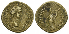 Phrygia, Ancyra. Nerva, 96-98 AD. AE.
Obv: AYTO NEROYAS KAICAP CEBA.
Laureate head of Nerva, right.
Rev: ANKYPANΩN.
Tyche standing facing head lef...