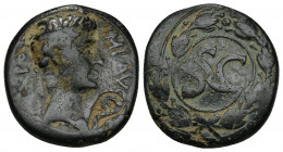 Seleucis & Pieria. Antioch. Augustus, 27 BC-14 AD. AE As.
Obv: IMP AVGVST TR POT.
Laureate head of Augustus, right; c/m: lituus.
Rev: SC within wre...