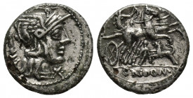 Cn. Domitius Ahenobarbus. AR, Denarius. Rome, 128 BC.
Obv: Helmeted head of Roma, right.
Rev: Victory in biga right; man spearing a lion below, CN•D...