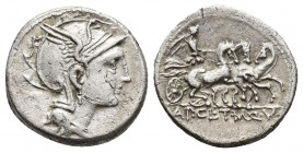 T. Mallius Mancinus, Ap. ClaudiusPulcher, and Q. Urbinius. 111-110 BC. AR, Denarius. Rome.
Obv: Head of Roma right, wearing winged helmet.
Rev: AP·C...