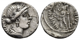 Man. Acilius Glabrio 49 BC. AR, Denarius. Rome. 
Obv: Laureate head of Salus, right. 
Rev: III•VIR•VALETV / MN•ACILIVS Salus standing left, leaning ...