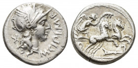 M. Cipius, 115-114 BC. AR, Denarius. Rome.
Obv: M•CIPI•M•F.
Helmeted bust of Roma right, X behind head.
Rev: Victory driving biga right, holding pa...