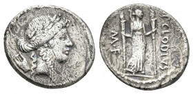 P. Clodius M.f. Turrinus 42 BC. AR, Denarius. Rome
Obv: Laureate head of Apollo right, lyre behind. 
Rev: M·F·, P·CLODIVS. 
Diana Lucifera standing...
