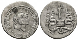 Marc Antony and Octavia, 39 BC. AR, Cistophoric Tetradrachm. Ephesus,
Obv: M ANTONIVS IMP COS DESIG ITERT TERT.
Jugate busts of wreathed Marc Antony...