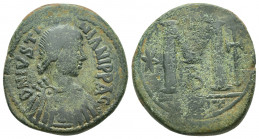 JUSTINIAN I (527-565 AD). AE, Follis. Carthage.
Obv: DN IVSTI NIANI PP AG
Diademed, draped, and cuirassed bust right.
Rev: Large M between star and...
