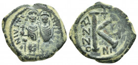 JUSTIN II with SOPHIA, (565 - 578 AD) AE, Half Follis. Nikomedia. Dated RY: (569-570)
Obv: D N IVSTI - NVS P P
Justin on left, Sophia on right, seat...