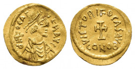 PHOCAS (602-610 AD). AV, Tremissis. Constantinople.
Obv: δ N FOCAS P P AVG. 
Diademed, draped and cuirassed bust right.
Rev: VICTORI FOCAS AVG / CO...