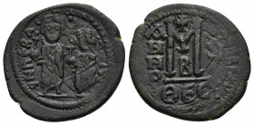 HERACLIUS, with HERACLIUS CONSTANTINE (610-641AD). AE, Follis. Thessalonica.
Obv: dN hERAC[LIYS P P AVC]. 
Heraclius and Heraclius Constantine stand...