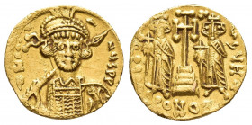 CONSTANTINE IV POGONATUS with HERACLIUS and TIBERIUS (668-685 AD). AV, Solidus. Constantinople.
Obv: δ N CONTNЧS P. 
Helmeted and cuirassed bust fac...