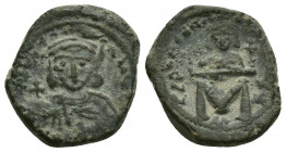 LEO III THE ISAURIAN with CONSTANTINE V (717-741 AD). AE, Follis. Constantinople.
Obv: Crowned and draped facing bust of Leo, holding globus cruciger...