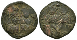 LEO IV THE KHAZAR with CONSTANTINE VI, LEO III and CONSTANTINE V (775-780 AD). AE, Follis. Constantinople.
Obv: Leo IV and Constantine VI seated faci...