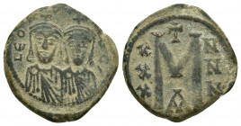 LEO V THE ARMENIAN with CONSTANTINE (813-820 AD). AE, Follis. Constantinople.
Obv: LЄOҺ S COҺST. 
Crowned facing busts of Leo and Constantine.
Rev:...