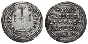 MICHAEL II THE AMORIAN with THEOPHILUS (820-829 AD). AR, Miliaresion. Constantinople.
Obv: IҺSЧS XRISTЧS ҺICA. 
Cross potent set upon three steps.
...