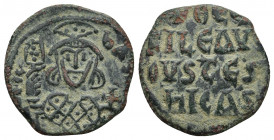 THEOPHILUS (829-842 AD). AE, Follis. Constantinople.
Obv: ΘЄOFIL ЬASILЄ. 
Facing bust, holding labarum and globus cruciger, and wearing crown surmou...