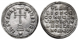 BASIL I THE MACEDONIAN with CONSTANTINE (867-886 AD). AR, Miliaresion. Constantinople.
Obv: IҺSЧS XRISTЧS ҺICA. 
Cross potent set upon three steps; ...