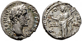 Kaiserzeit. Antoninus Pius 138-161 
Denar 145/161 -Rom-. ANTONINVS AVG PIVS P P. Belorbeerte Büste nach rechts / TR POT COS IIII. Liberalitas steht n...
