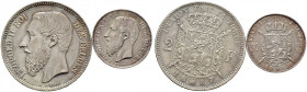 Belgien-Königreich. Leopold II. 1865-1909 
Lot (2 Stücke): 2 Francs 1867. Französische Legende. Die rückseitige Krone mit Kreuz sowie 50 Cen­times 18...