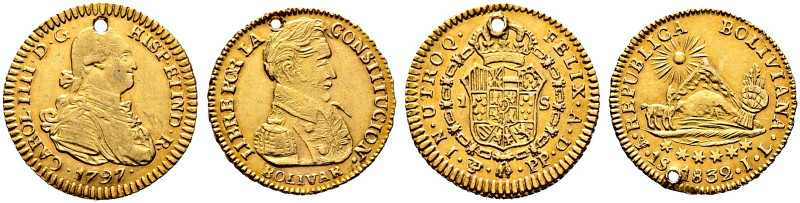 Bolivien. unter spanischer Herrschaft 
Lot (2 Stücke): 1 Escudo 1797 -Potosi- m...