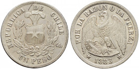 Chile. Republik 
Peso 1883. KM 142.1. kleiner Schrötlingsfehler auf dem Avers, vorzüglich-prägefrisch