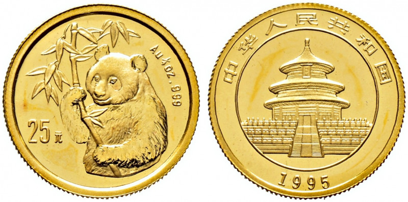China-Volksrepublik. 
25 Yuan 1995. Panda. KM 717, Fr. B6. 7,78 g Feingold (1/4...