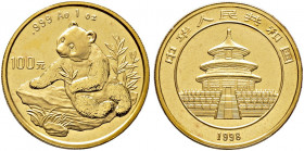 China-Volksrepublik. 
100 Yuan 1998. Panda. KM 1130, Fr. B4. 31,10 g Feingold (1 Unze) original verschweißt, Stempelglanz (Proof like)