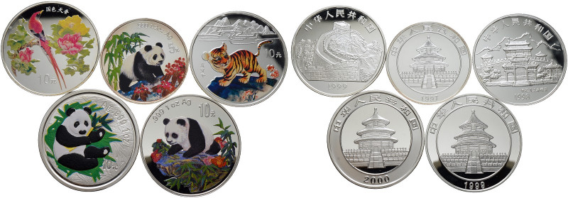 China-Volksrepublik. 
Lot (5 Stücke): Farbmünzen (multicolored) zu 10 Yuan 1998...
