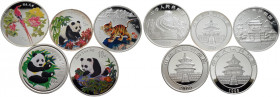 China-Volksrepublik. 
Lot (5 Stücke): Farbmünzen (multicolored) zu 10 Yuan 1998 Jahr des Tigers (KM 1138a), 10 Yuan 1999 Vogel auf Pfingstrose (KM 12...