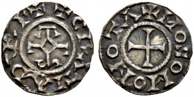 Frankreich-Karolinger. Karl der Kahle 843-877 
Denar -Mouzon-. +CRATIAD-RE+. Karolus-Monogramm / +MOSOMOMOTA. Kreuz. MG 695 var., Prou 170 var. 1,28 ...