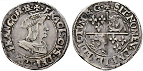 Frankreich-Königreich. Francois I. 1515-1547 
Teston du Dauphiné o.J. -Romans-. 2e type. Gekröntes Brustbild im Harnisch nach rechts / Quadriertes Da...