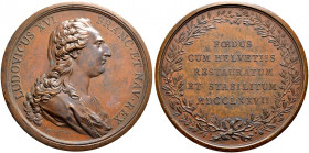 Frankreich-Königreich. Louis XVI. 1774-1793 
Große Bronzemedaille 1777 von B. Duvivier, auf das Bündnis zwischen Frankreich und den eidgenössischen O...
