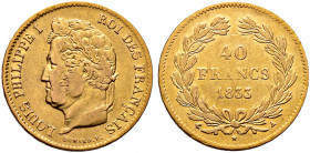 Frankreich-Königreich. Louis Philippe 1830-1848 
40 Francs 1833 -Paris-. Gad. 1106, Fr. 557, Schl. 200. 12,88 g minimale Kratzer, sehr schön