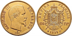 Frankreich-Königreich. Napoleon III. 1852-1870 
100 Francs 1855 -Straßburg-. Bloße Büste nach rechts. Gad. 1135, Fr. 570, Schl. 263. 32,40 g. Auflage...