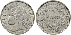 Frankreich-Königreich. Dritte Republik 
2 Francs 1871 -Paris-. Variante mit großem "A" als Münzstättenzeichen. Gad. 530. In Plastikholder der NGC (sl...