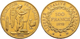 Frankreich-Königreich. Dritte Republik 
100 Francs 1878 -Paris-. Typ Genius. Gad. 1137, Fr. 590, Schl. 400. 32,35 g kleine Kratzer und Randfehler, se...