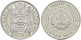 Frankreich-Königreich. Fünfte Republik seit 1958 
500 Francs = 70 Ecus (PLATIN) 1990. Bedeutende Europäer - Karl der Große. Gad. 3, Fr. 622a, KM 990a...
