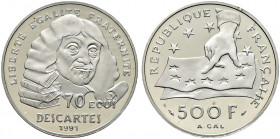 Frankreich-Königreich. Fünfte Republik seit 1958 
500 Francs = 70 Ecus (PLATIN) 1991. Bedeutende Europäer - Rene Descartes. Gad. 5, Fr. 623a, KM 1003...