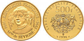 Frankreich-Königreich. Fünfte Republik seit 1958 
500 Francs 1996. 300. Todestag von Madame Marie de Sévigné. Gad. 9, Fr. 682, KM 1139. 15,64 g Feing...