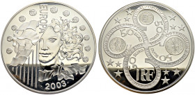 Frankreich-Königreich. Fünfte Republik seit 1958 
50 Euro 2003. Erster Jahrestag des Euro. KM 1340. 1 kg Sterlingsilber in der originalen, aufwändig ...