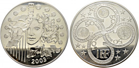 Frankreich-Königreich. Fünfte Republik seit 1958 
Lot (3 Stücke): 50 Euro 2003. Erster Jahrestag des Euro. KM 1340. Je 1 kg Sterlingsilber verkapselt...