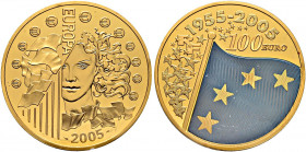 Frankreich-Königreich. Fünfte Republik seit 1958 
100 Euro 2005. 50 Jahre Europaflagge (diese blau gefärbt!). Fr. B 2, KM -. 155,5 g (5 Unzen Feingol...