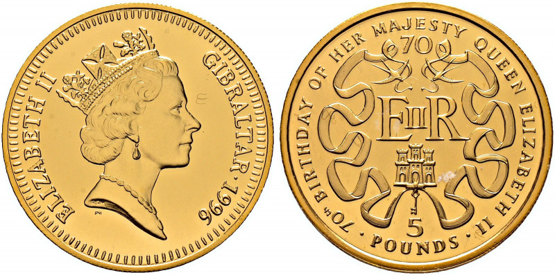 Gibraltar. 
5 Pounds 1996. 70. Geburtstag von Königin Elizabeth II. KM 354b, Fr...