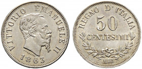 Italien, Königreich. Victor Emanuel II. 1859-1878 
50 Centesimi 1863 -Mailand-. Pagani 527, Montenegro 217, Gigante 76. prägefrisches Prachtexemplar...