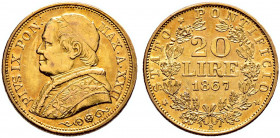 Italien-Kirchenstaat (Vatikan). Pius IX. (Giovanni Graf von Maria Mastai Feretti) 1846-1878 
20 Lire 1867 (AN XXII) -Rom-. Berman 3333, Munt. 41c, Fr...