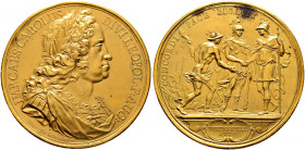Haus Habsburg. Karl VI. 1711-1740 
Vergoldete Bronzemedaille 1725 von A. de Gennaro, auf den zwischen dem Kaiserreich und Spanien geschlossenen Fried...