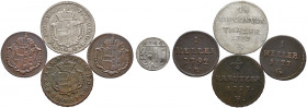 5 Stücke: Kleinmünzen aus der Münzstätte GÜNZBURG. Dabei 1/48 Taler 1772 G (Her. 754), Cu-Heller 1777 G (Her. 1667), Cu-Heller 1792 H (Her. 101) und C...