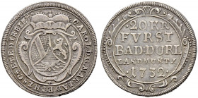 Baden-Durlach. Karl Wilhelm 1709-1738 
20 Kreuzer 1732. Verziertes ovales Wappen unter Fürstenkrone / Fünf Zeilen Schrift mit Wertangabe und Jahresza...