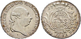 Baden-Durlach. Karl Friedrich 1746-1811 
1/2 Konventionstaler 1778. Kopf mit Zopfschleife nach rechts / Gekrönter Wappenschild auf gekreuz­tem Palm- ...