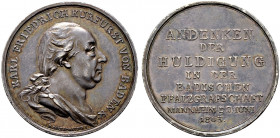 Baden-Durlach. Karl Friedrich 1746-1811 
Silbermedaille 1803 von J.H. Boltschauser, auf die Huldigung der Pfalzgrafschaft in Mannheim. Brustbild mit ...