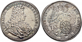 Bayern. Maximilian II. Emanuel 1679-1726 
Taler 1694 -München-. Geharnischtes Brustbild mit Allongeperücke nach rechts / Madonna mit dem Kinde throne...